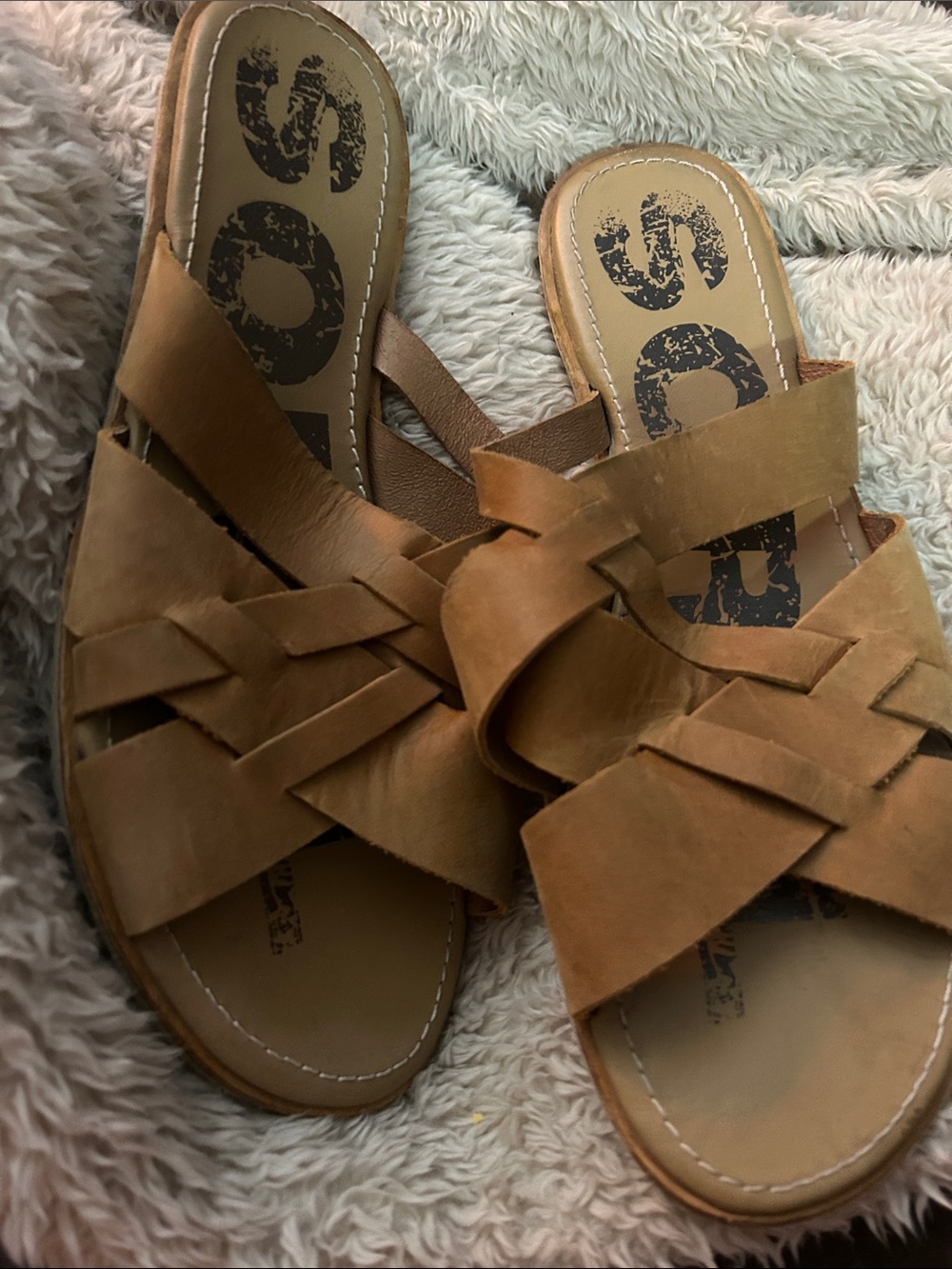 SOREL Women's Tan Leather Braided Slide Sandals